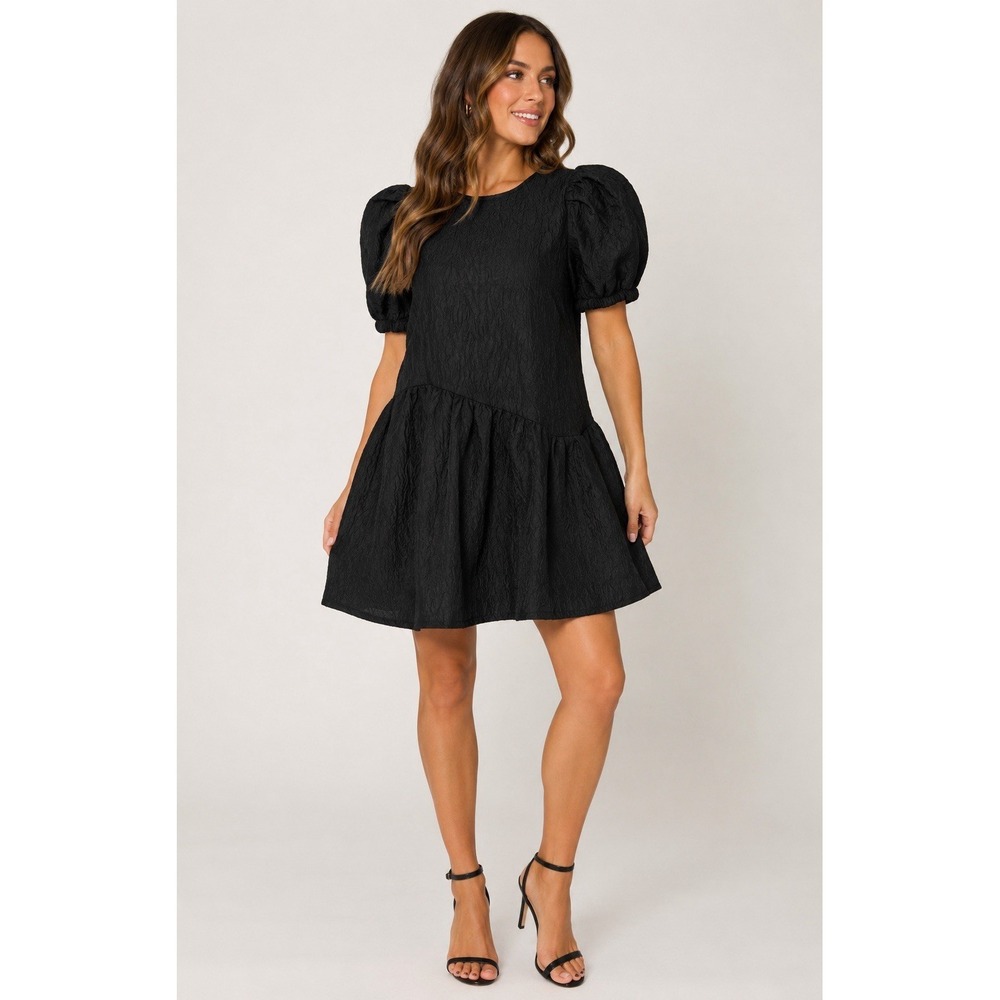Aaron & Amber Black Textured Babydoll Mini Dress Puff Sleeve Lined Women's M
